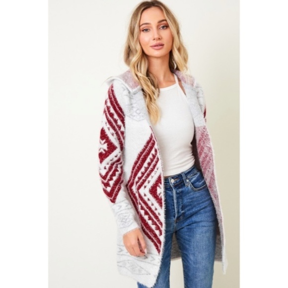 Wine Fuzzy Soft Knit Long Sleeve Aztec Tribal Native Western Cardigan Sweater - Picture 5 of 9